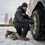 Ciężarówka z założonymi łańcuchami  