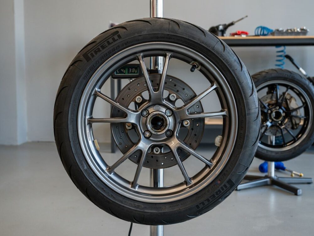 koło motocyklowe z tarczami hamulcowymi